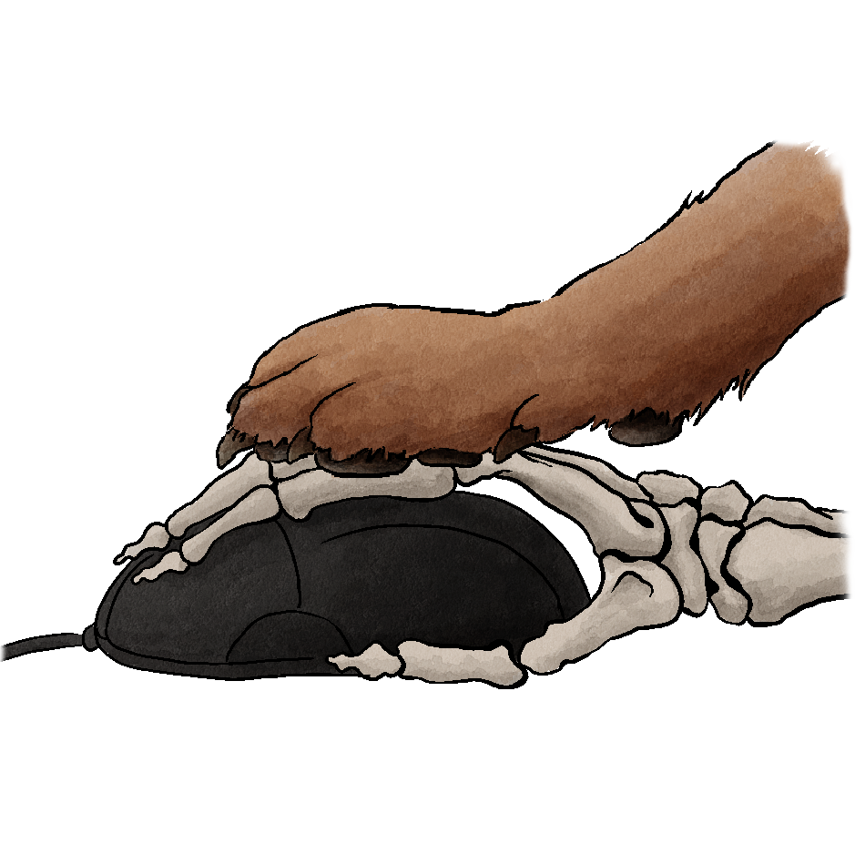 Koiran tassu luukäden ja tietokonehiiren päällä